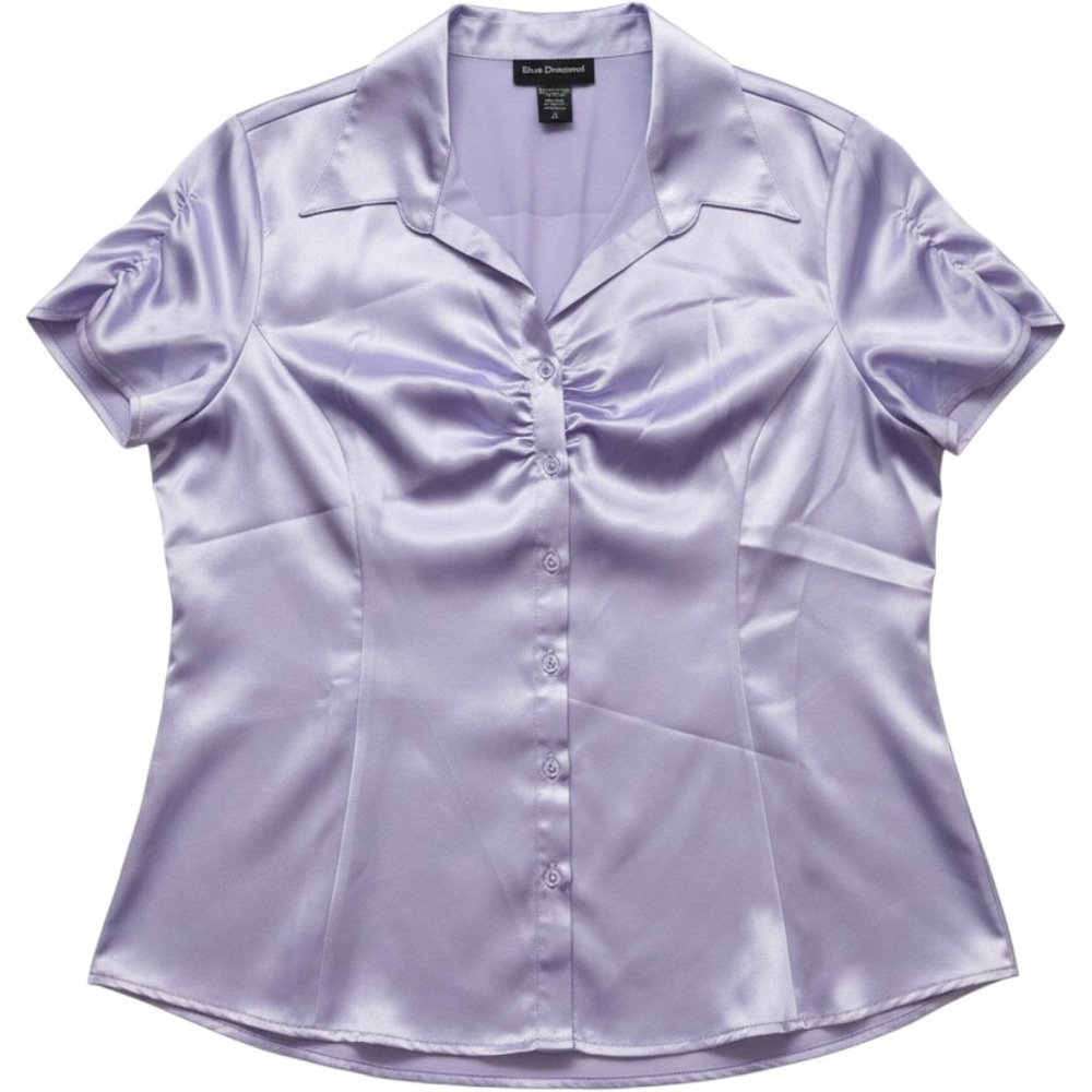 Blue Diamond Lavender Purple Satin Ruched Button Down Blouse XL Short Sleeve